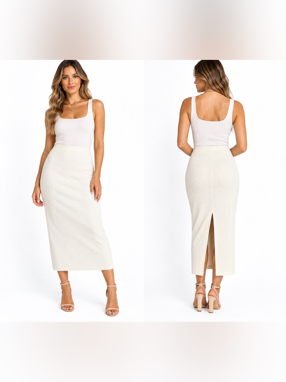 Cream Ribbed‎ Midi Skirt large